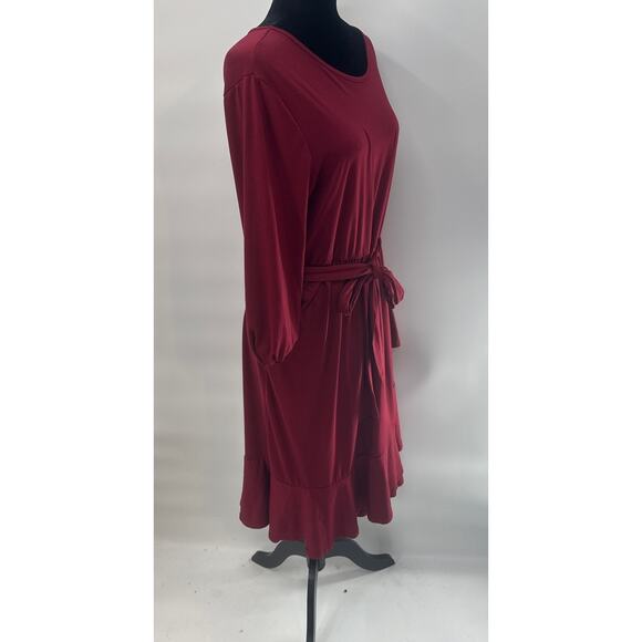 LEVACA Womens Deep Red Long Sleeve Casual Long Sleeve Midi Dress with Belt xl - Picture 2 of 6